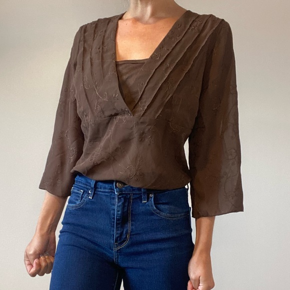 Bohemian Brown Embroidered Chiffon 3/4 Sleeve Top - Picture 9 of 14